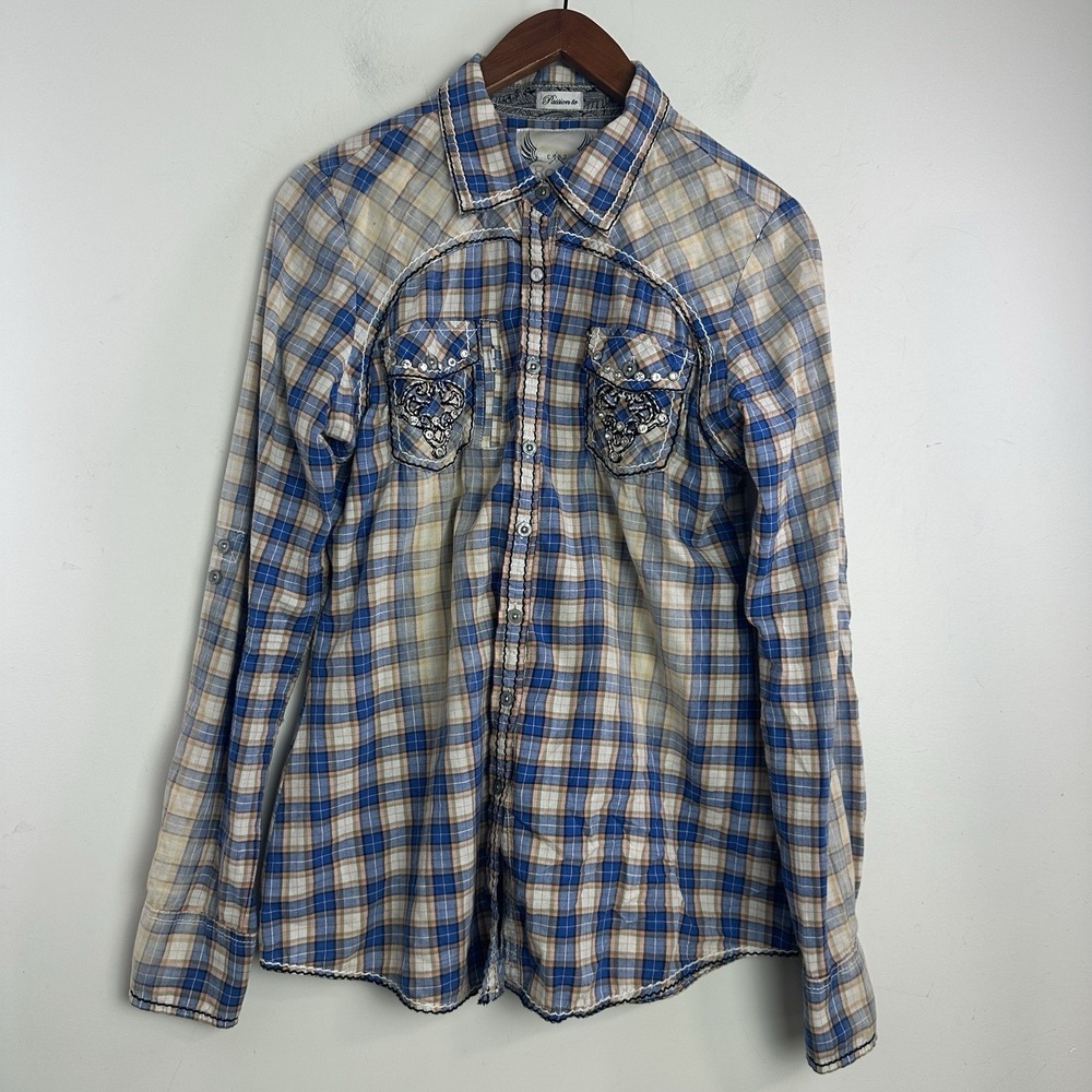 Roar Plaid Western Button Up Shirt Embroidered Rhinestone Cross Y2K L Cowgirl